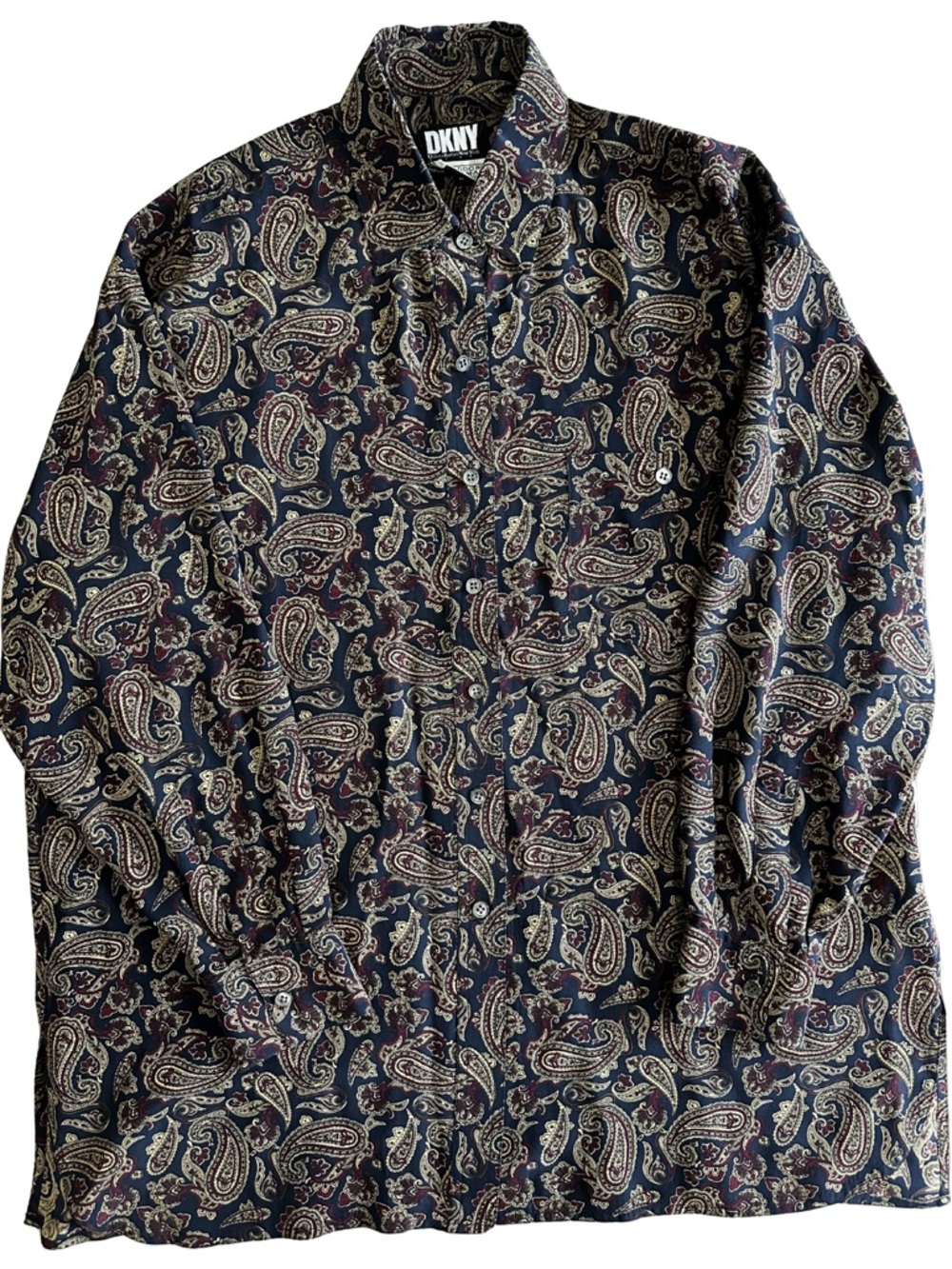 Vintage DKNY Silk Paisley Button Down Shirt Small Navy 90s Designer